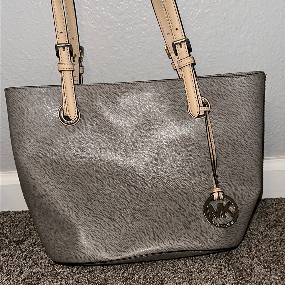 Michael Kors Gray Leather Tote with Silver Charm/Accents